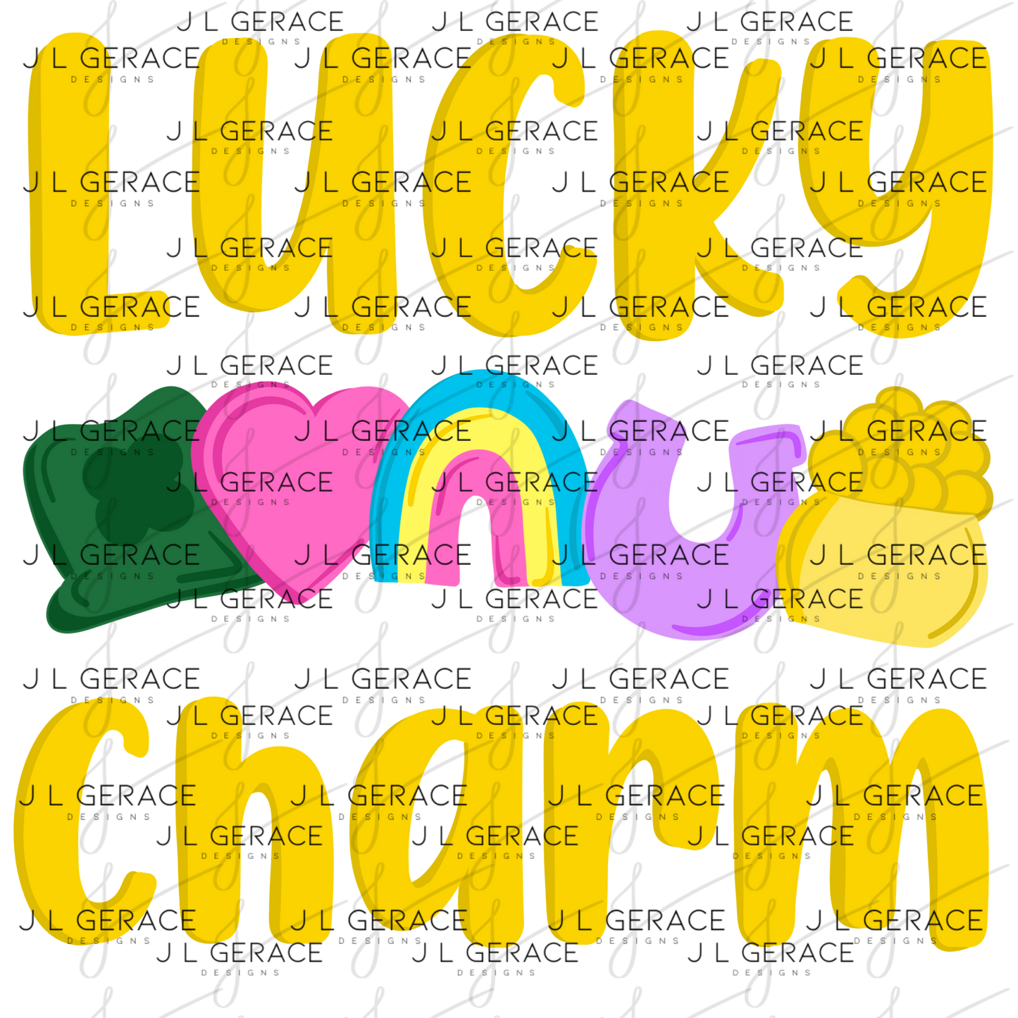 Lucky Charm St Patrick PNG – Shamrock Heart Rainbow Horseshoe Pot of Gold Design