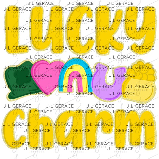 Lucky Charm St Patrick PNG – Shamrock Heart Rainbow Horseshoe Pot of Gold Glitter Outline Design