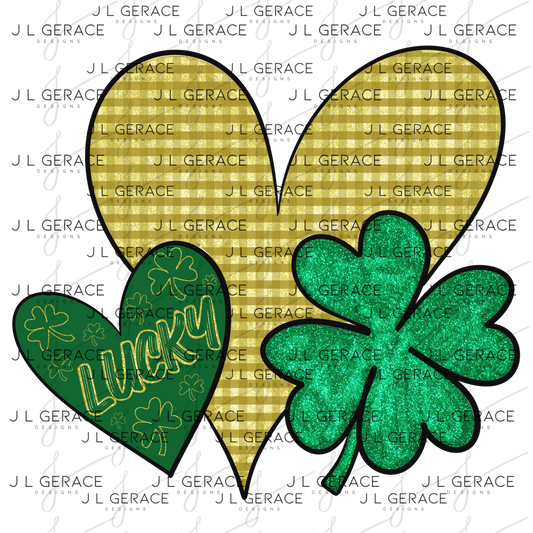 Lucky Shamrock Heart Gold Gingham PNG – St Patrick Glitter Clover Design