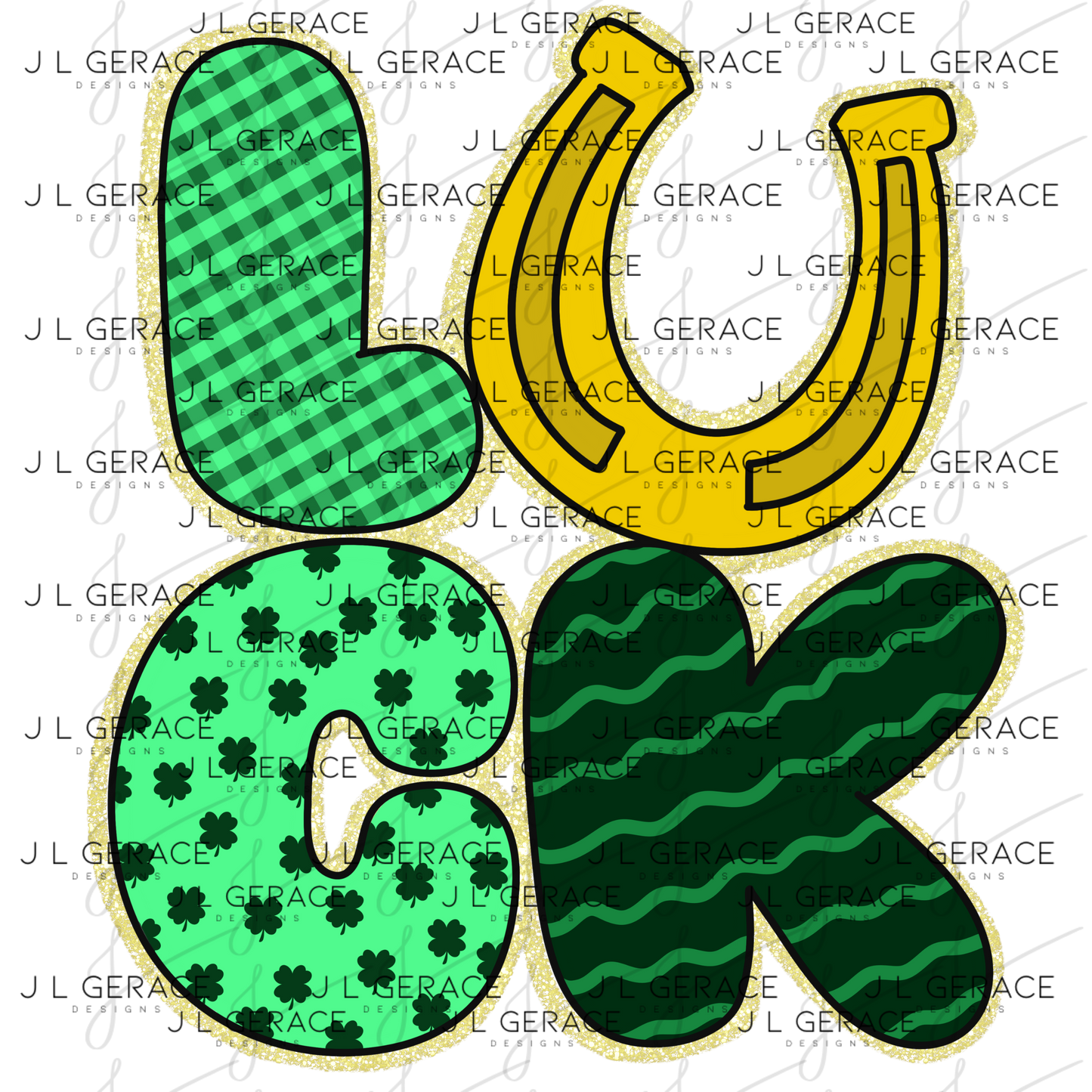 Lucky St Patricks Day PNG Gold Glitter Outline Shamrock Horseshoe Digital Download