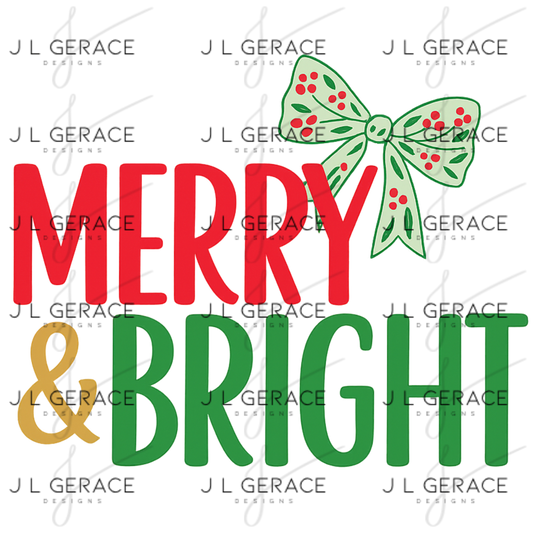 Merry & Bright Christmas Bow PNG – Red & Green Holiday Lettering