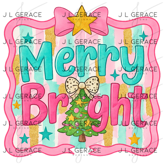 Merry & Bright Pastel Christmas PNG – Pink, Teal, Gold Glitter Striped Frame with Tree & Bow