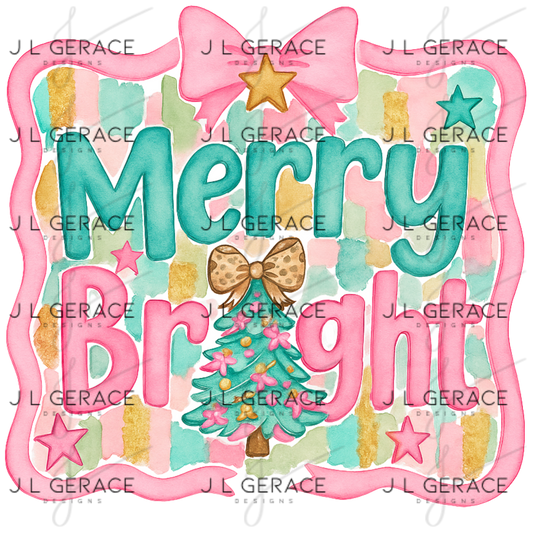 Merry & Bright Pastel Leopard Christmas PNG – Pink Frame, Pastel Stripes, Leopard Bow Tree