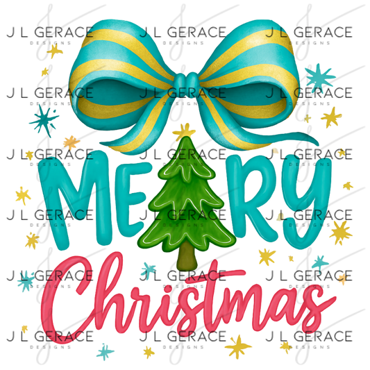 Merry Christmas PNG – Teal & Gold Bow with Tree Holiday Clipart