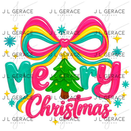 Merry Christmas PNG – Bright Rainbow Bow & Christmas Tree Clipart