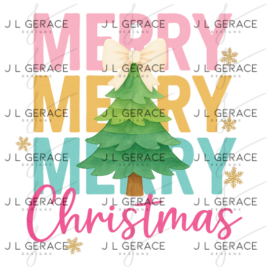 Pastel Merry Merry Merry Christmas PNG – Tree & Bow Holiday Clipart