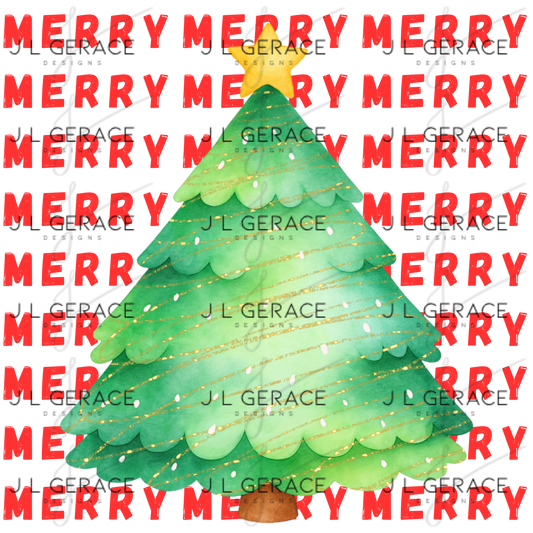 Merry Merry Merry Red Christmas Watercolor Tree PNG