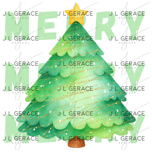 Merry Christmas Tree PNG – Watercolor Green Holiday Sublimation Design