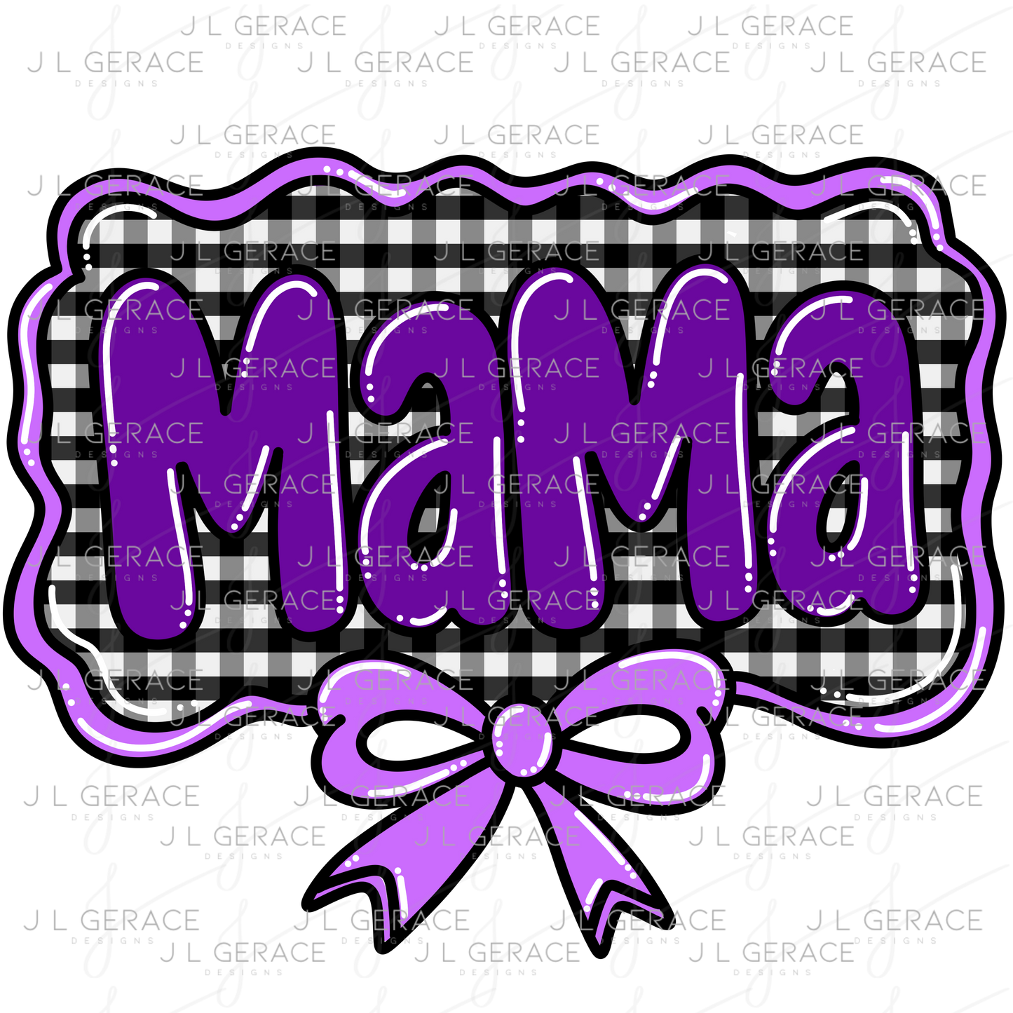 Mama PNG – Purple Glossy Lettering with Gingham Background & Bow