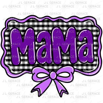 Mama PNG – Purple Glossy Lettering with Gingham Background & Bow