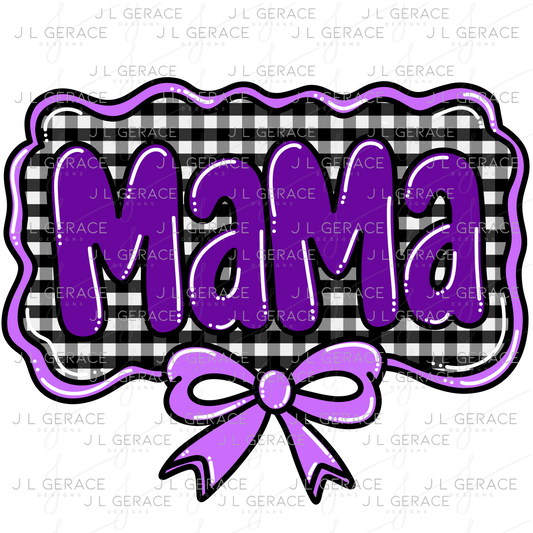 Mama PNG – Purple Glossy Lettering with Gingham Background & Bow