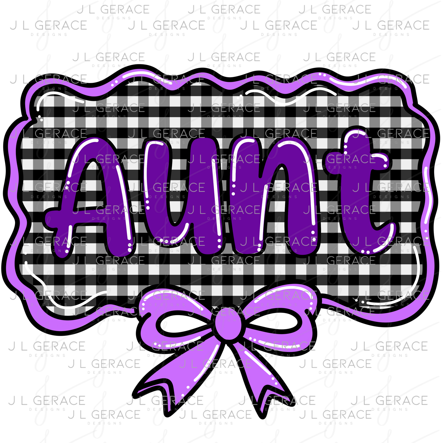 Aunt PNG – Purple Glossy Lettering with Gingham Background & Bow