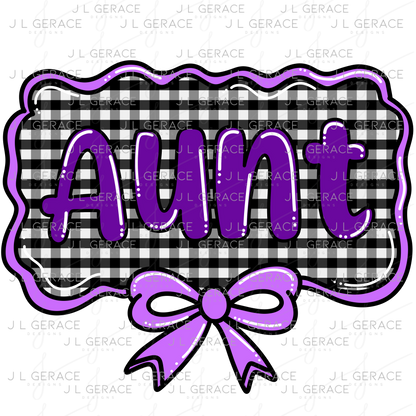 Aunt PNG – Purple Glossy Lettering with Gingham Background & Bow