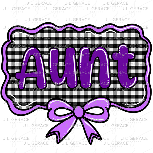Aunt PNG – Purple Glossy Lettering with Gingham Background & Bow