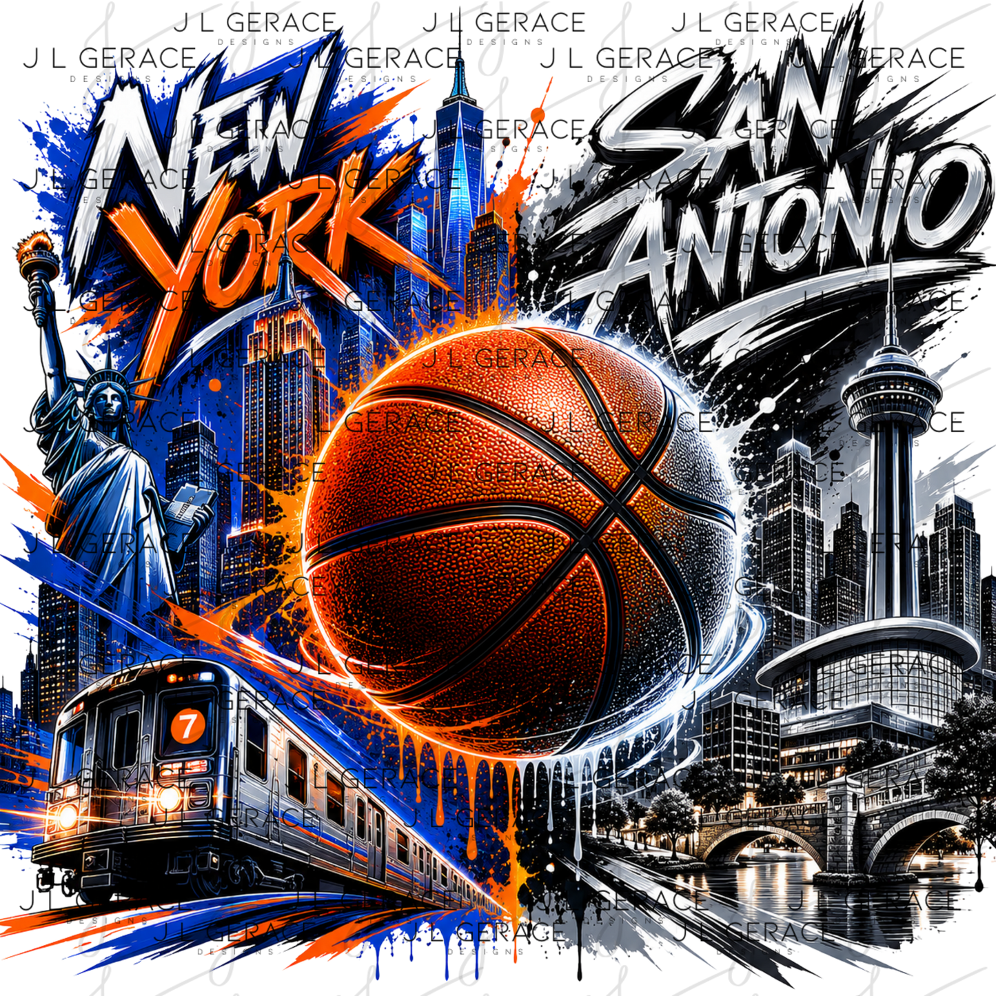 New York vs San Antonio Graffiti Basketball PNG Design