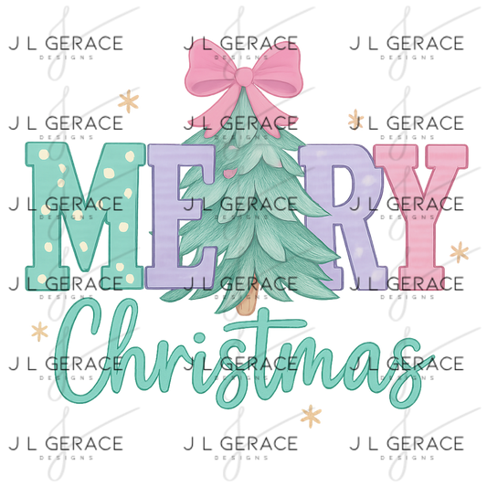 Pastel Merry Christmas PNG – Cute Bow Tree Holiday Clipart