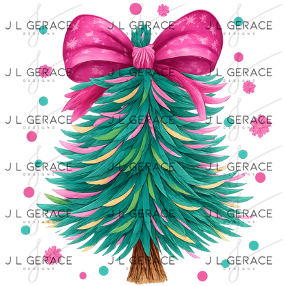 Pink Bow Pastel Christmas Tree PNG Clipart – Watercolor Holiday Design
