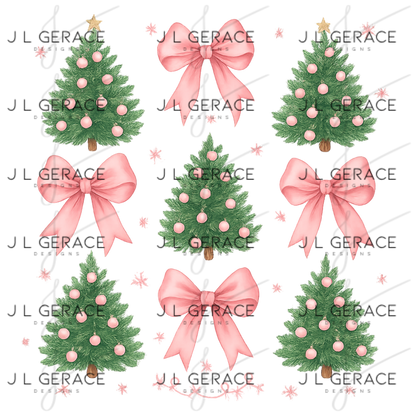 Pink Bow Christmas Tree PNG Clipart Set – Pastel Holiday Tree Elements