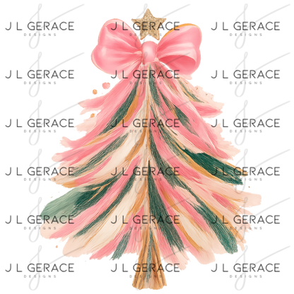 Pink Brushstroke Christmas Tree PNG – Bow & Star Holiday Clipart