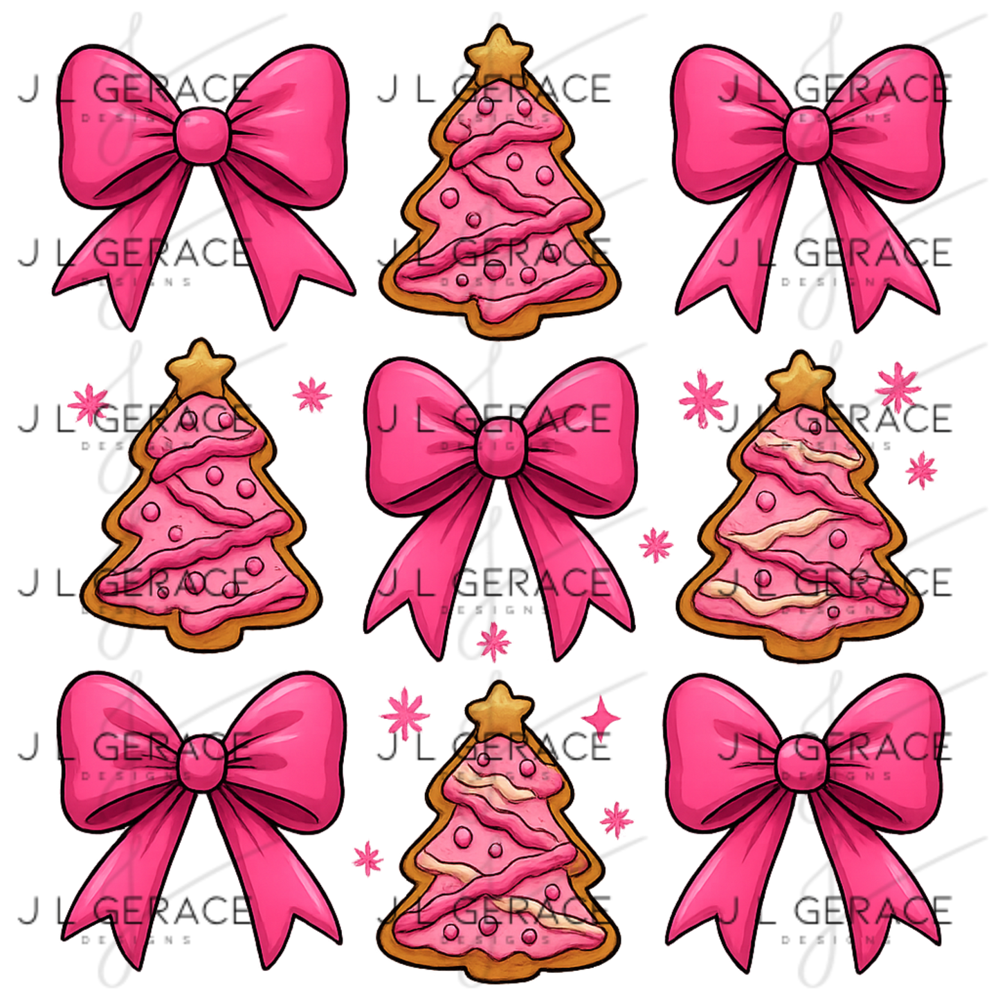 Pink Christmas Tree Cookie & Bow PNG Clipart Set – Glossy Holiday Elements