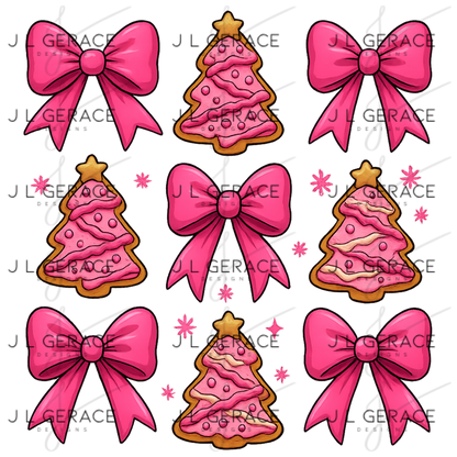Pink Christmas Tree Cookie & Bow PNG Clipart Set – Glossy Holiday Elements