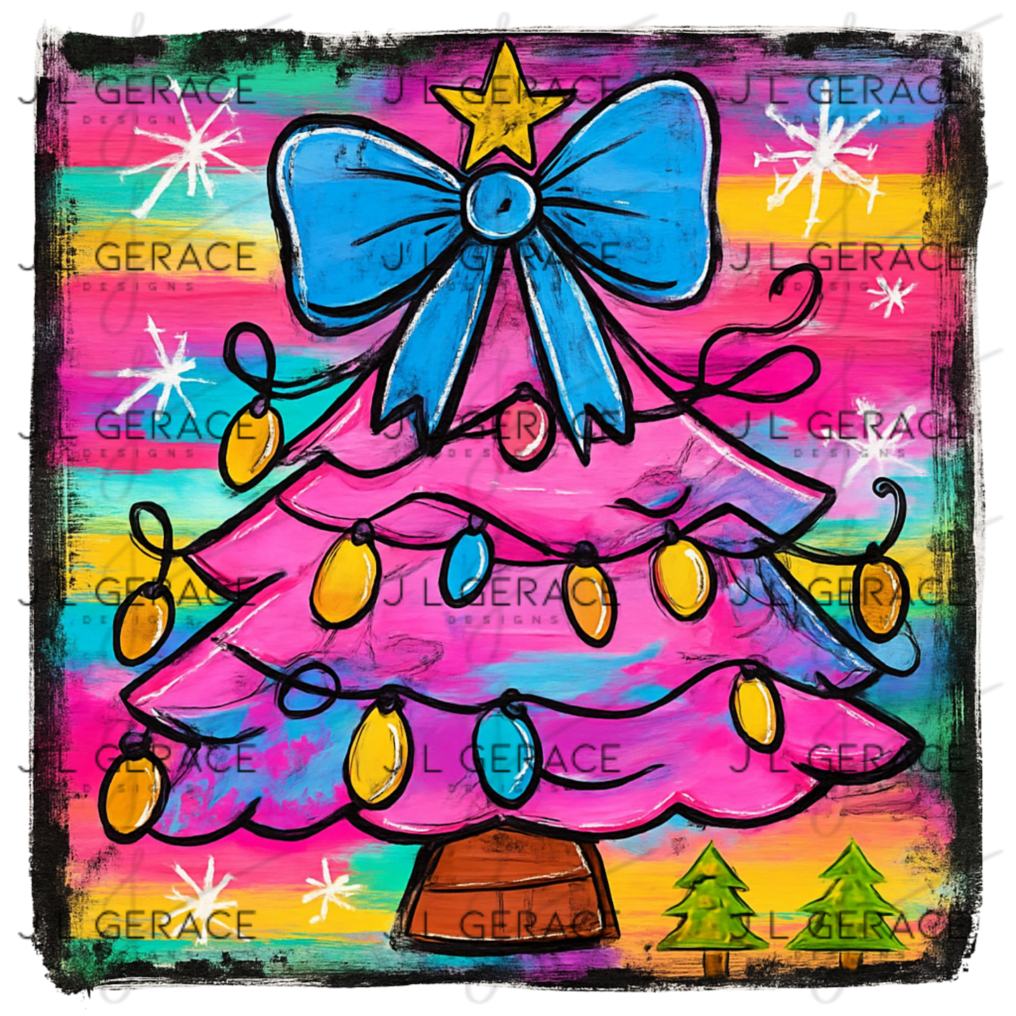 Pink Christmas Tree PNG Clipart – Blue Bow & Colorful Lights Holiday Art
