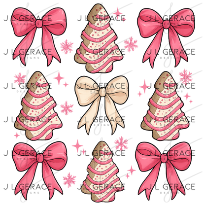 Pink Christmas Tree Cookie & Bow PNG Clipart Set – Glossy Holiday Elements