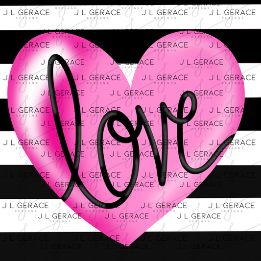 Pink Heart Love Script PNG with Black Handwritten Lettering Black and white stripe background