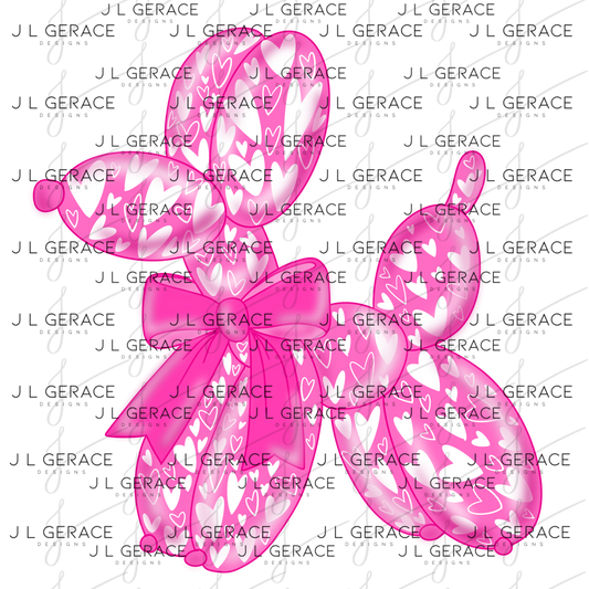 Pink Love Balloon Dog PNG with Heart Pattern and Bow