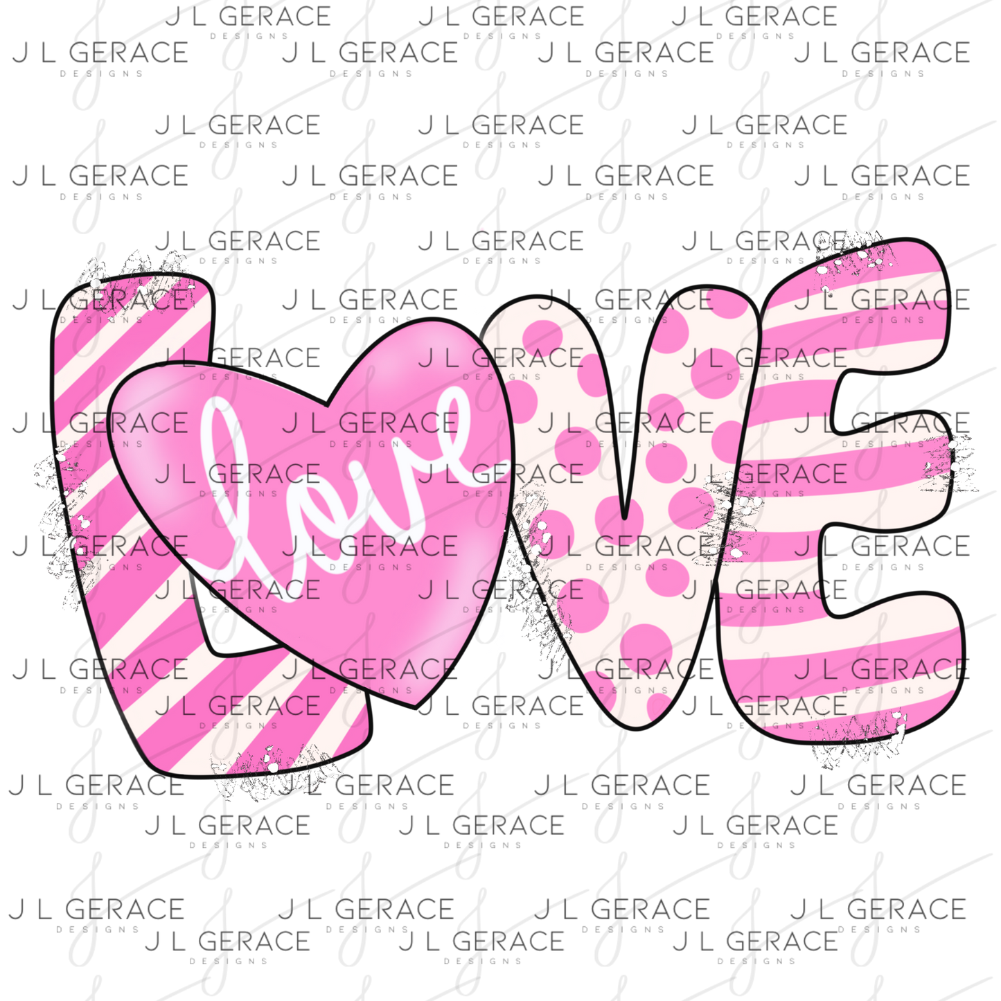 Pink Love Word PNG with Heart – Paint Splatter Mixed Pattern Design
