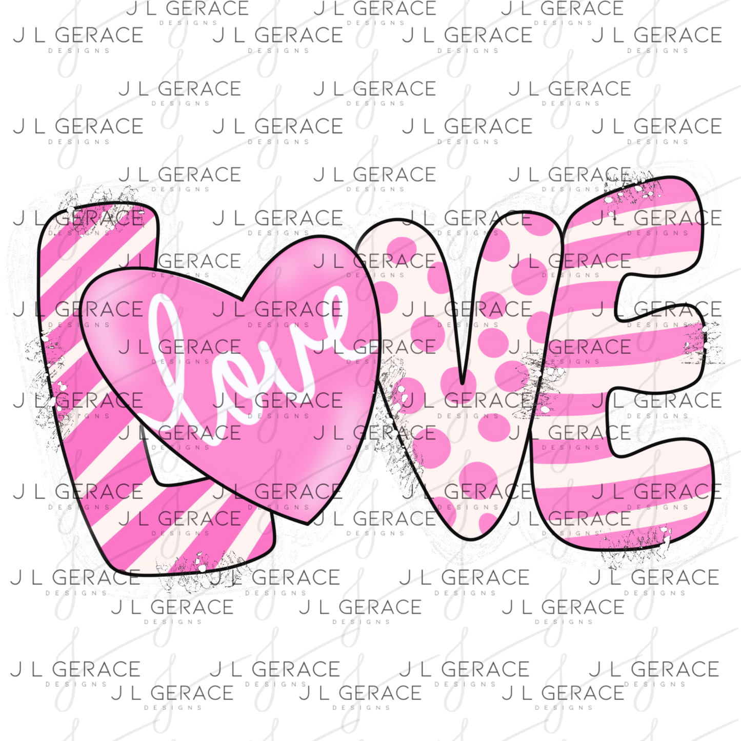Pink Love Word PNG with Heart – Polka Dot and Stripe Mixed Pattern Design