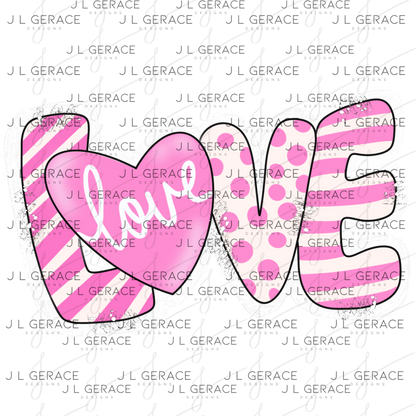 Pink Love Word PNG with Heart – Polka Dot and Stripe Mixed Pattern Design