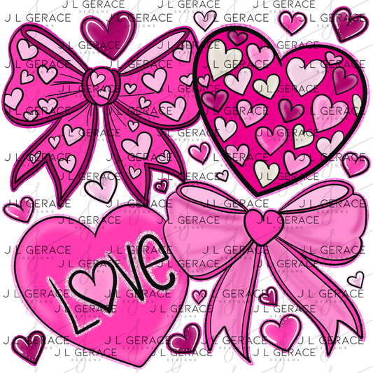 Pink Valentine Bow & Heart Clipart PNG with Glitter Outline