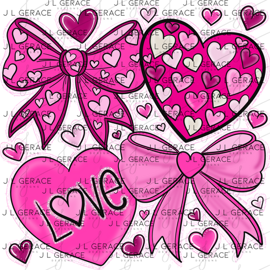 Pink Valentine Bow & Heart Clipart PNG Set with String Glitter Outline