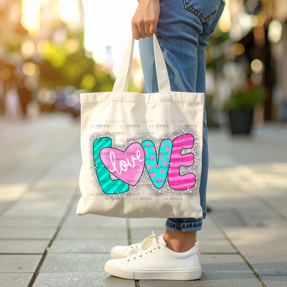 Love Mixed Pattern Letter Pink & Teal Chunky Glitter Outline PNG