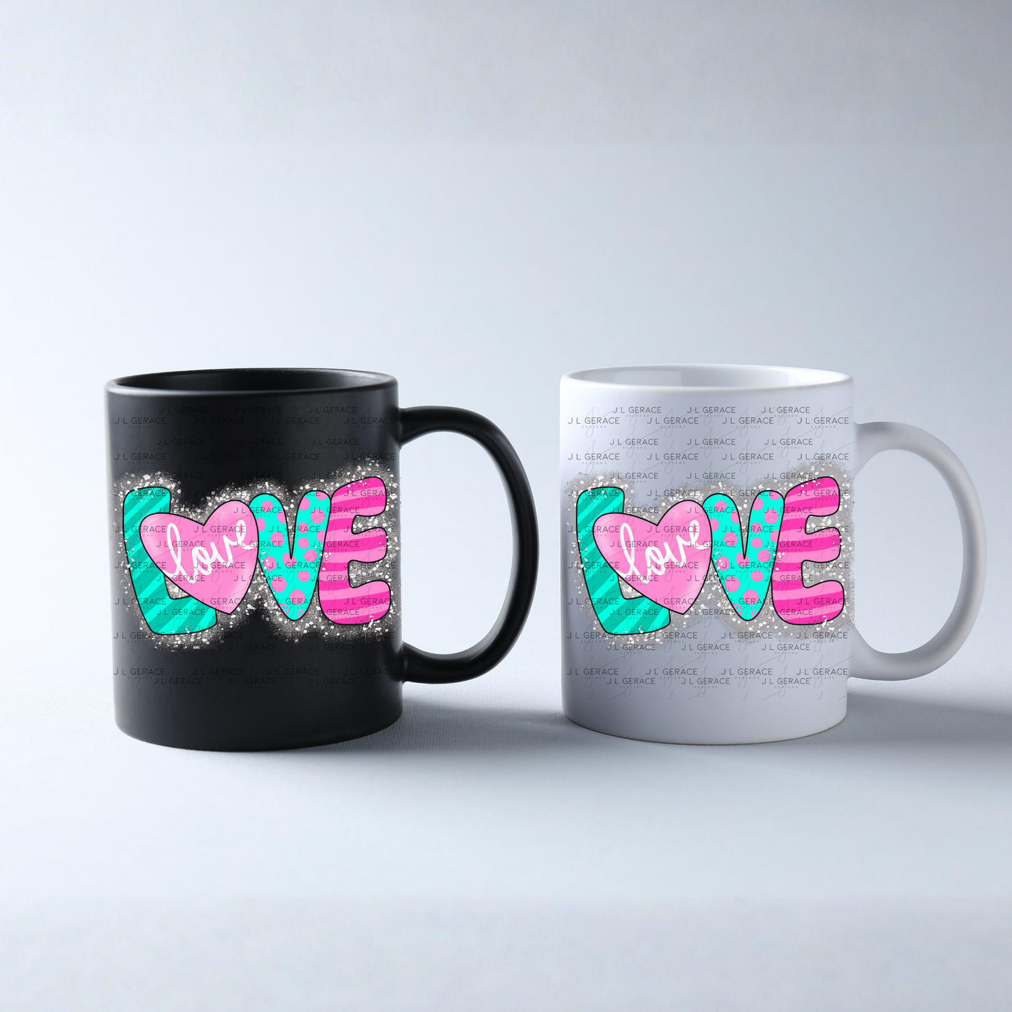 Love Mixed Pattern Letter Pink & Teal Chunky Glitter Outline PNG