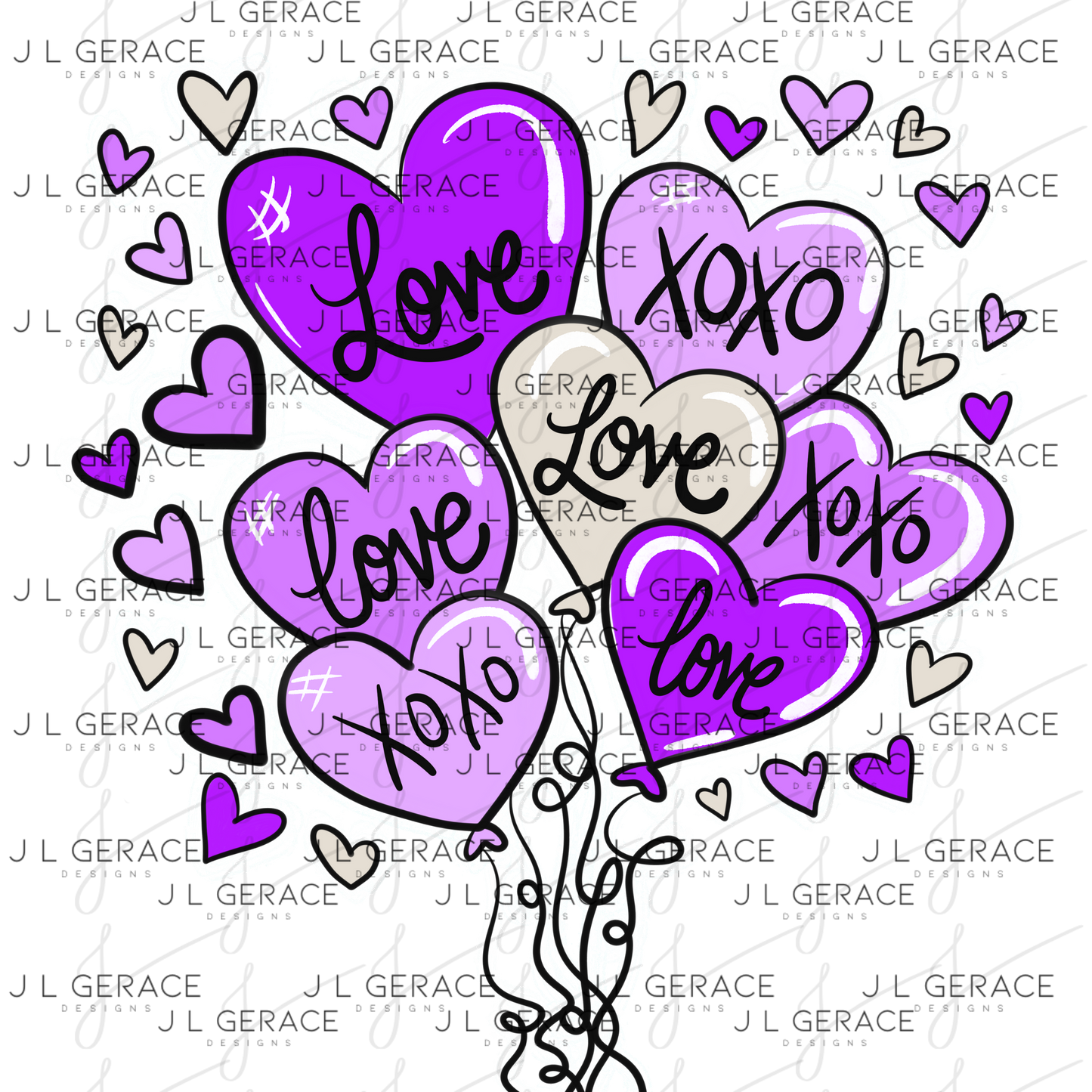 Purple Love & XOXO Heart Balloon Bouquet with Glitter String Outline PNG