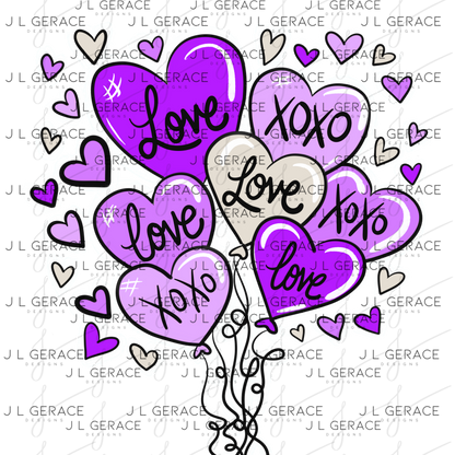 Purple Love & XOXO Heart Balloon Bouquet with Glitter String Outline PNG