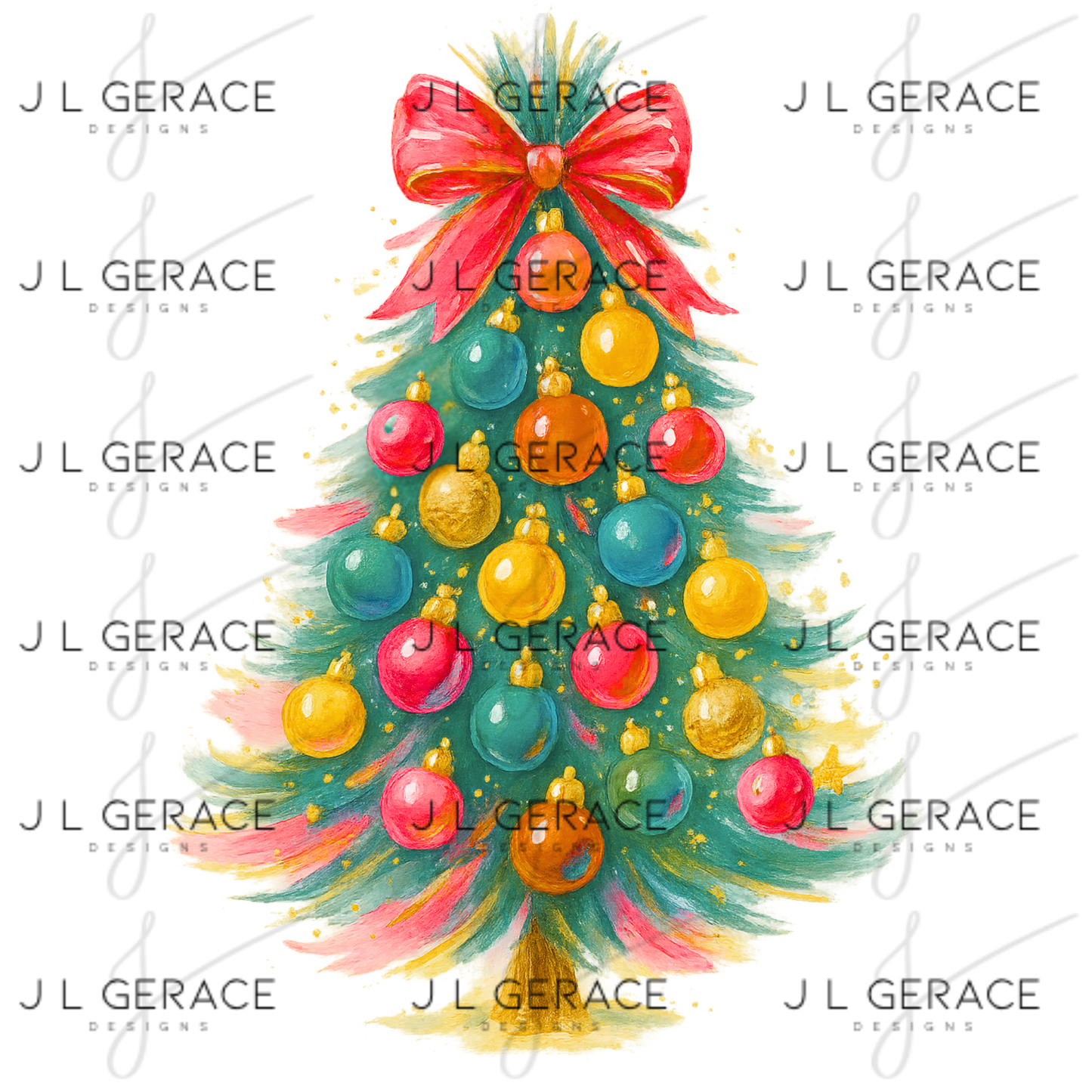 Watercolor Christmas Tree PNG – Red Bow Pastel Ornament Clipart