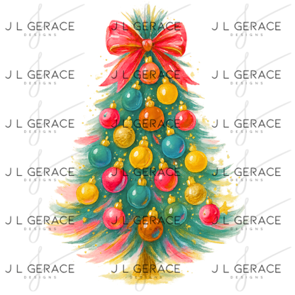 Watercolor Christmas Tree PNG – Red Bow Pastel Ornament Clipart