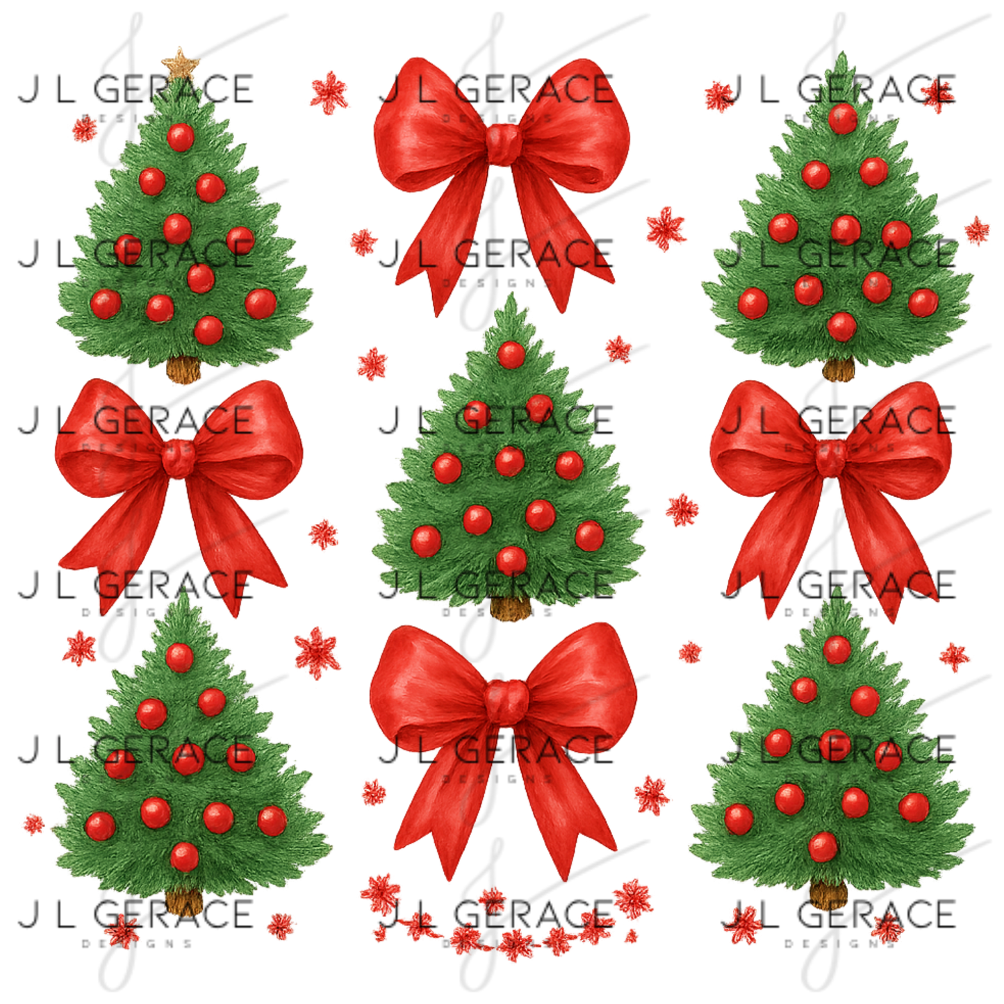 Red Bow Christmas Tree PNG Clipart Set – Traditional Holiday Tree Elements