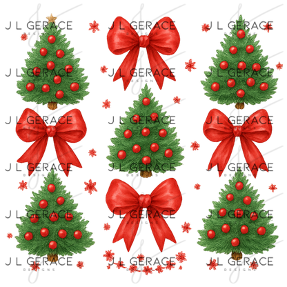 Red Bow Christmas Tree PNG Clipart Set – Traditional Holiday Tree Elements