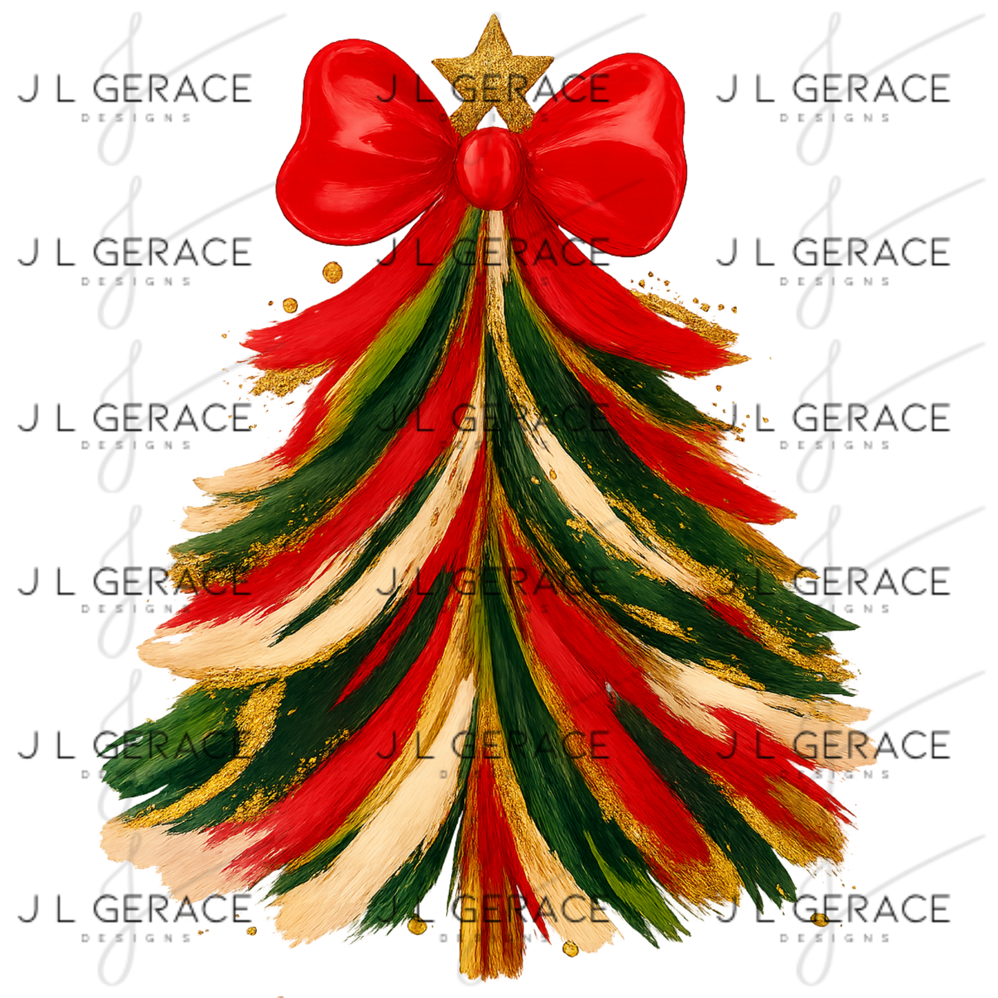 Red Green Gold Brushstroke Christmas Tree PNG – Red Bow Holiday Clipart