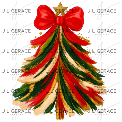 Red Green Gold Brushstroke Christmas Tree PNG – Red Bow Holiday Clipart