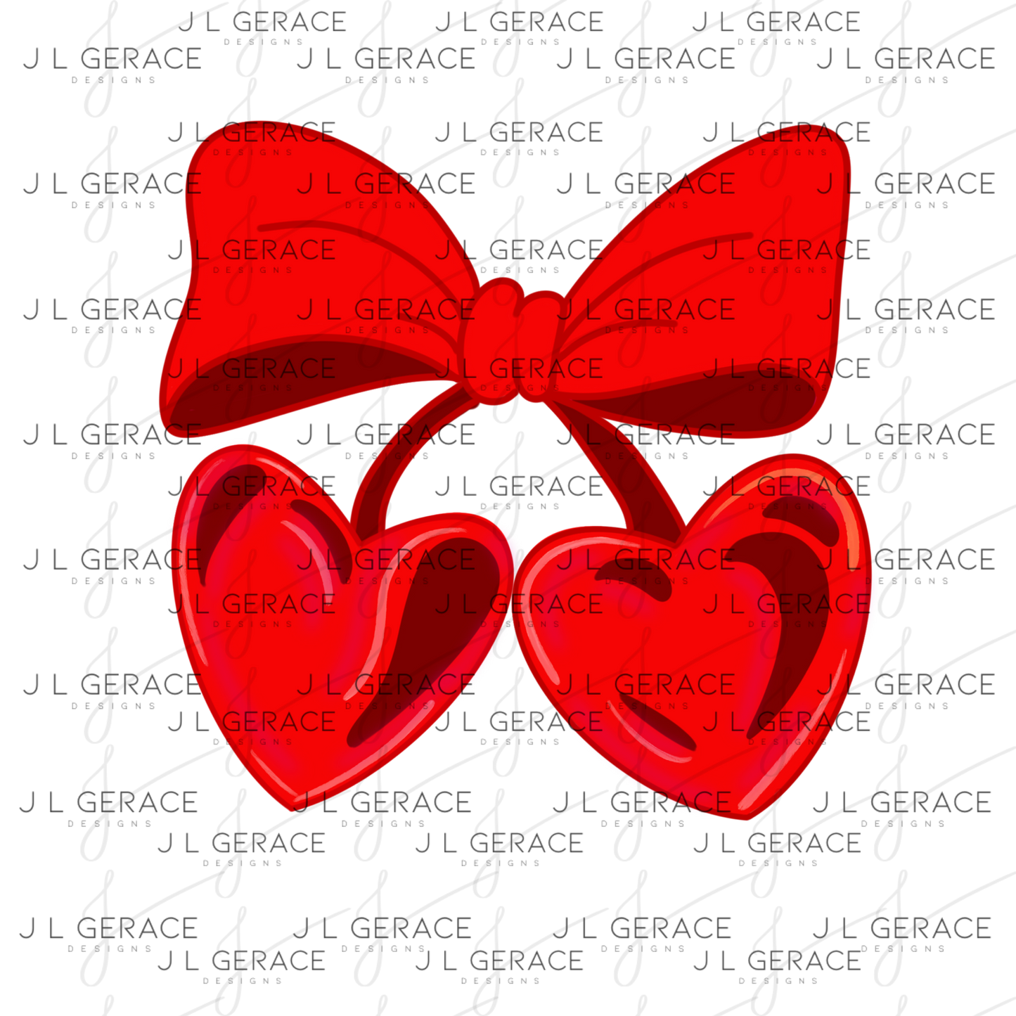Red Heart Cherries PNG with Bow Glossy Solid Design