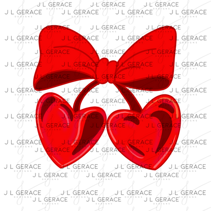 Red Heart Cherries PNG with Bow Glossy Solid Design