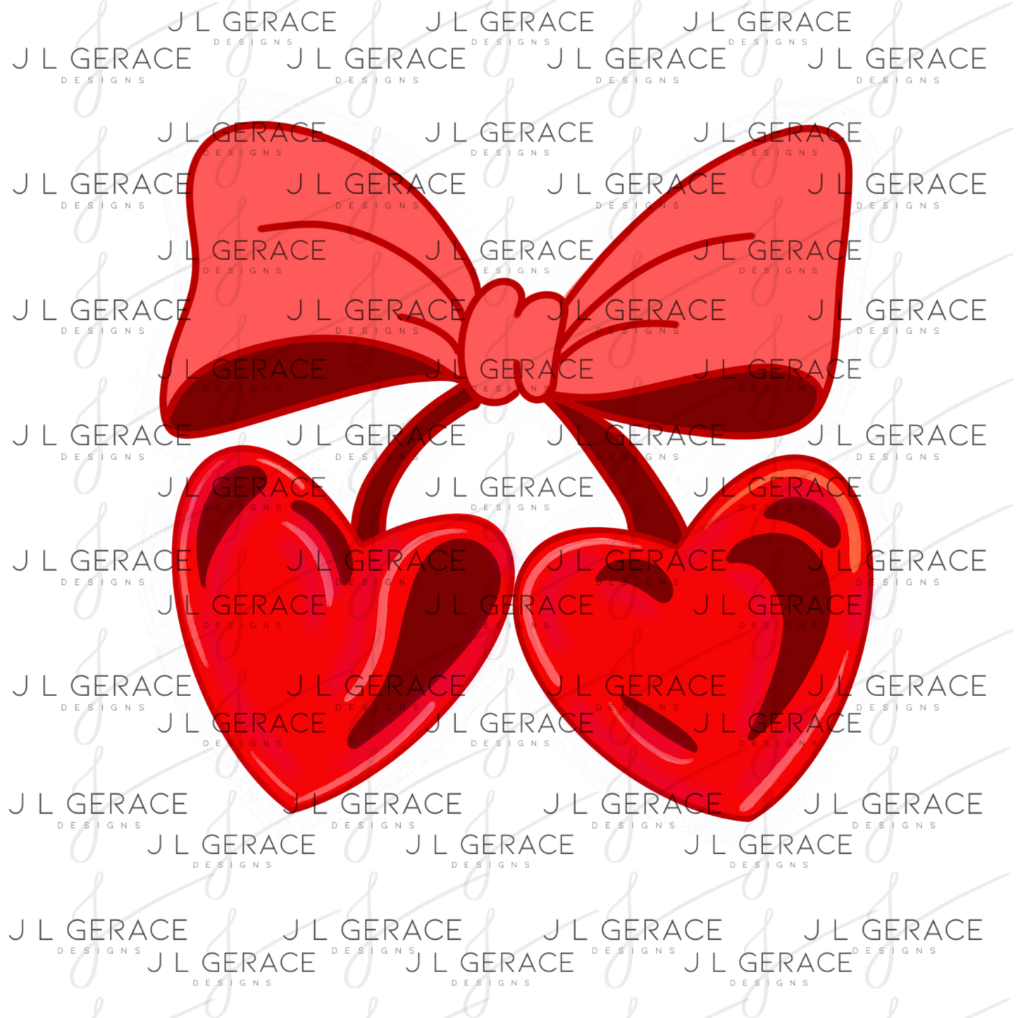 Red Heart Cherries PNG with Bow String Glitter Outline Design