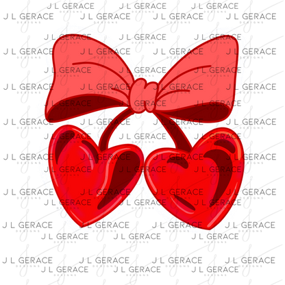 Red Heart Cherries PNG with Bow String Glitter Outline Design