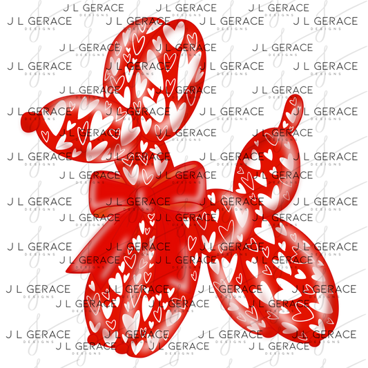 Red Love Balloon Dog PNG with Heart Pattern and Bow