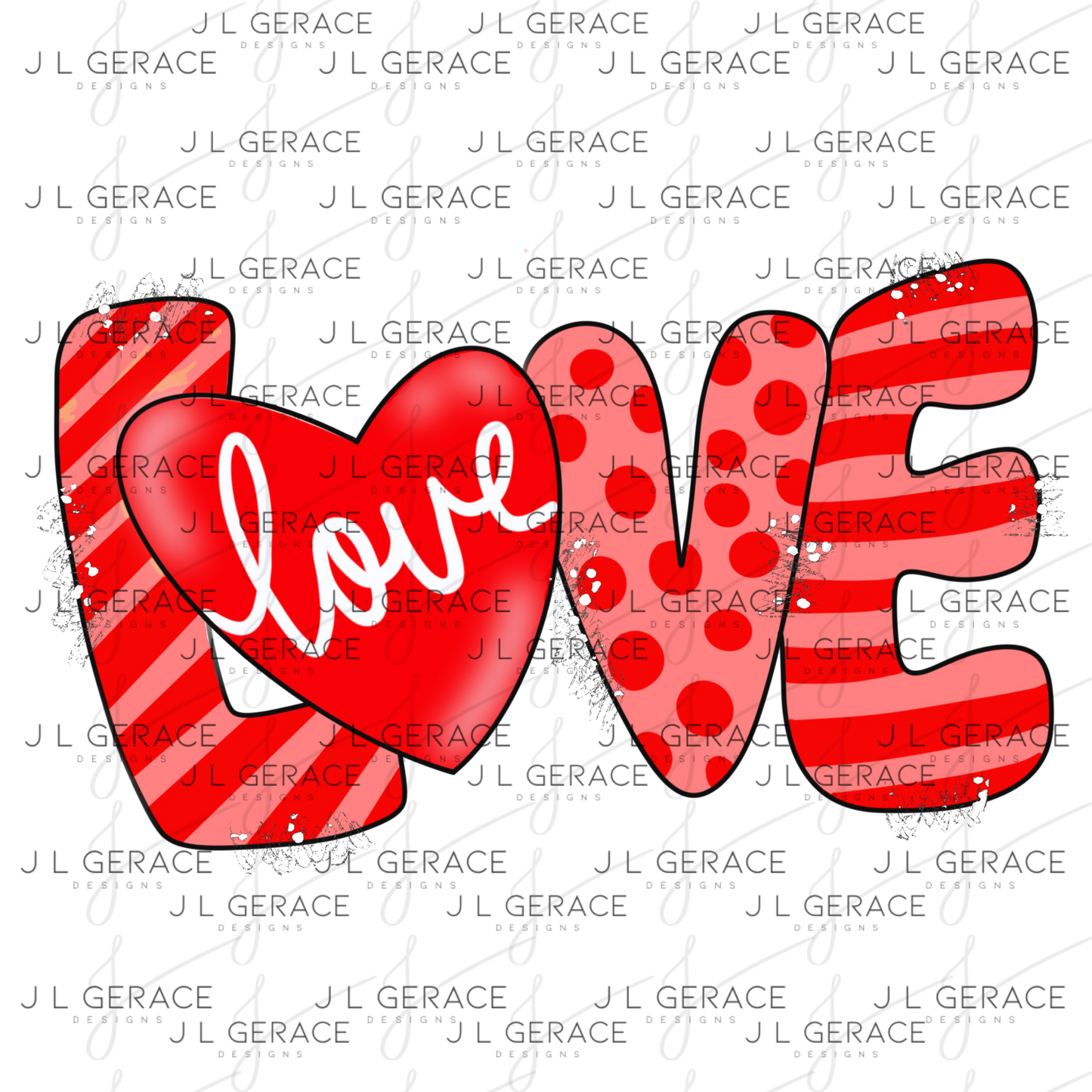 Red Love Word PNG with Heart Paint Splatter Mixed Pattern Design